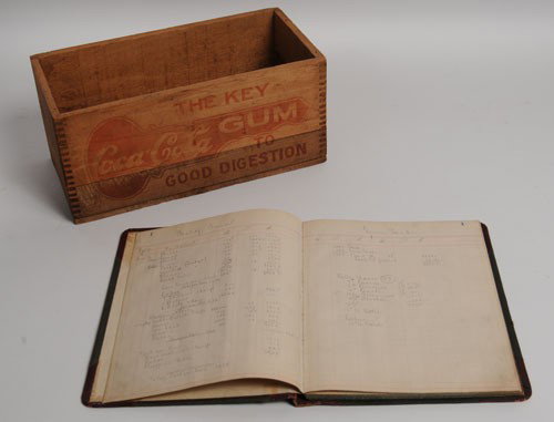 COCA-COLA CHEWING GUM BOX and RARE LEDGER: The box is 6" x 12" x 6" deep; the ledger is 8 1/2" x 10 1/2"; box exhibits light to moderate wear with overall fading, but is still quite readable and enjoyable; both pieces are from the teens; ledge