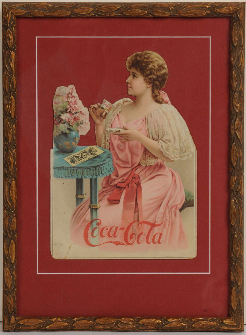CIRCA 1894 TO 1895 COCA-COLA PAPER POSTER PORTION: 14 1/4" x 7", museum mounted and framed under conservation glass; due to its size, my guess is that this began life as a paper roll-down poster or larger calendar, and was likely cut and trimmed for i