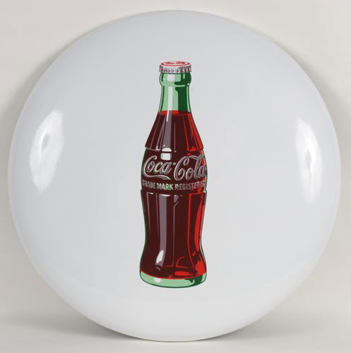 CIRCA 1950 COCA-COLA WHITE PORCELAIN BUTTON SIGN: 36" diameter; gorgeous new old stock with only miniscule edge chips and nicks in 2 or 3 places; only at the extreme outer edge and not large in scope; beautiful, bright and never exposed to the weathe