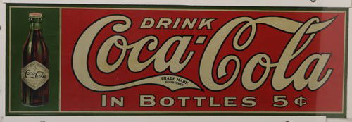 CIRCA 1910 COCA-COLA EMBOSSED TIN SIGN: 11 1/2" x 35 1/2"; strong example of what is quite an uncommon sign. Miniscule crimps lower left corner area with only a few small and light scratches on the "C" of Cola. Otherwise, only minute marks