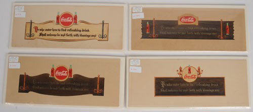 CIRCA 1940 COCA-COLA ORIGINAL ARTWORK SET: Each piece measures 5 1/2" x 14 1/2"; executed in watercolor; these were likely proposals for Kay Display signs, and they all feature the same familiar quotation; very close in verbiage to what was ac