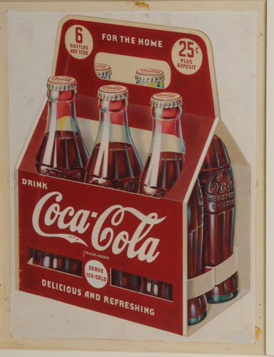CIRCA 1942 COCA-COLA ORIGINAL ART: 18 1/2"x 14 1/2"; great color with wonderful detail on the bottles; likely watercolor or gouache; a few dark spots around the periphery, light soiling; condition EX