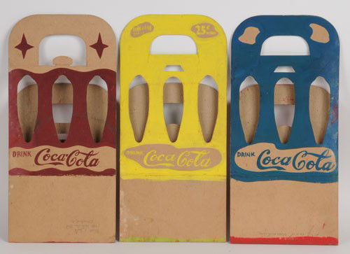 1930'S TO 1940'S COCA-COLA ORIGINAL ART WORK: Actual size mock up of 6 bottle carriers; all hand colored and lettered and all featuring different color tones on both sides of each of the 3 carriers; some small stains and light soiling; condition