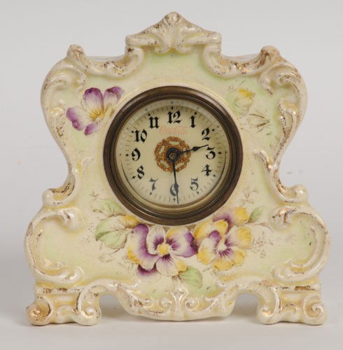 CIRCA 1907 TO 1910 EXTREMELY RARE COCA-COLA CLOCK: 5 1/2" x 5 1/2" x 2" deep; this is a dainty boudoir clock made of vitreous china; and marked Bobwhite on the back; it houses the same version of Coca-Cola clock as do the leather examples; beautiful o