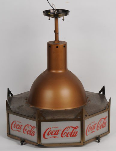 CIRCA 1930'S COCA-COLA OCTAGONAL LIGHT FIXTURE: 24" diameter and 24" tall with support rod; these fixtures are not often encountered and this is a nice overall example; all the glass panels are strongly screened with no cracks chips or breaks; gene