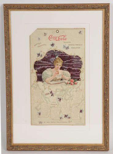 EXTREMELY RARE 1900 COCA-COLA CALENDAR: 13" x 7 1/4"; beautifully mounted and framed under conservation glass; spectacular colors and condition with only a missing corner upper left, very minor edge wear; miniscule marks of any sort otherwi