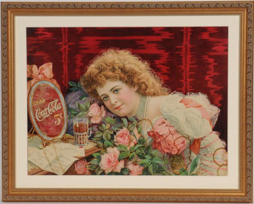 1901 COCA-COLA HILDA CLARK PAPER SIGN: 13 3/8"x 18 1/8" image, beautifully matted and framed under conservation glass; displays very boldly with rich strong color remaining; the poster has likely been trimmed around one or more margins; bu