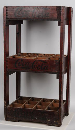 1920'S SCARCE COCA-COLA QUART BOTTLE DISPLAY RACK: 19" x 13" x 36" tall; includes 3 shelves supporting 3 separate beautifully dovetailed quart bottle cases; each shelf would house 12 bottles; the top 2 shelves in cases still have strong remaining orig