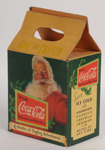 1931 COCA-COLA BOTTLE CARRIER AND SANTA SLEEVE: 8" x 7 1/2" x 5 1/2" deep (actual body measurement), strong bright remaining color with only light to medium soiling, some minor surface rubs; small bend at 2 corners; this classic item displays beaut