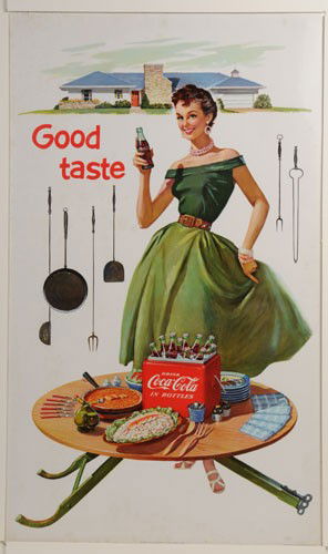 1955 COCA-COLA LARGE VERTICAL CARDBOARD POSTER: 50" X 30"; not a commonly found poster at all; great classic 50's image; edge wear with a stronger bend upper left corner and a smaller tear; general overall very faint mildew spots and light soiling;