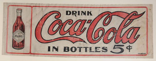 CIRCA 1914 COCA-COLA CANVAS BANNER: 18" X 49", construction is either light canvas or heavily enameled linen; a classic banner here with great bottle shown. General overall fold lines, soiling, surface wear, chips in the color, some cra