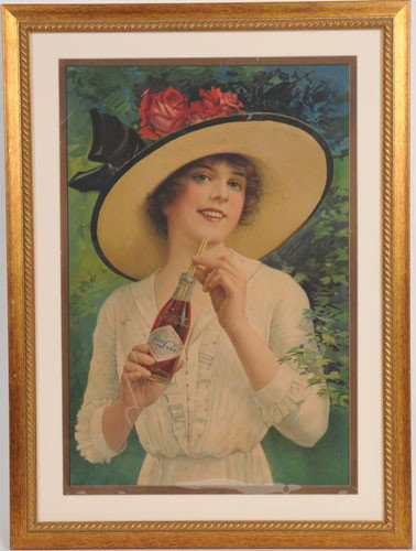 1914 COCA-COLA PAPER POSTER: Framed and matted under glass; visible image measures 23 1/4" x 15 3/4"; this poster was also used as a 1914 calendar top, however this has no staple holes at the bottom or exhibits evidence of having
