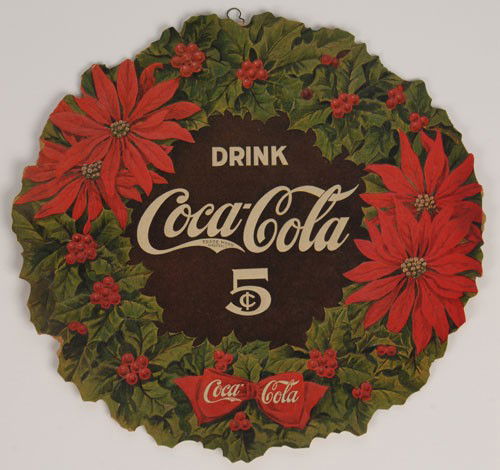 CIRCA 1910 TO 1915 COCA-COLA CARDBOARD CHRISTMAS W: 1 1 1/2" diameter, die-cut and heavily embossed, light weight cardboard, still retains original (or very old) hanger, two small 1" long closed tears, upper left quadrant at edges, otherwise a few mino