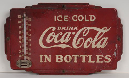 LATE 30'S TO EARLY 40'S COCA-COLA SCREEN DOOR THER: 5 3/4" x 9 1/4"; this is a neat, unusual item that you rarely see; 4 holes were punched in a standard store screen door when the piece was taken apart and screwed together through those holes, thereby