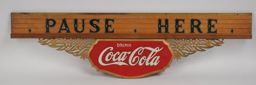 1930'S COCA-COLA KAY DISPLAYS SIGN: 10" x 37"; not a commonly found element; some mild discoloration on the gold highlights with some staining and medium soiling; only light overall wear; some mild delamination of the plys and tiny nick