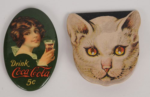 1914 AND 1920'S COCA-COLA POCKET MIRRORS: The 1914 celluloid mirror is as bright and beautiful as you will ever find with only a little sticker pad residue on the back on the mirror; the 1920's cat German made cardboard pocket mirror is clean
