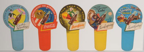 SET OF 5 COCA-COLA CUT-OUT CARTON INSERTS: 8" x 4 1/4", all five holiday themed pieces are bright with very little wear and only light soiling or small marks; condition 8.5 to 9/EX