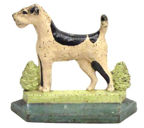 TERRIER & (2) BUSHES DOORSTOP: Painted cast iron; minor chips and wear; L-8", VG-EX