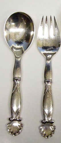 GEORG JENSEN STERLING SALAD SET: Denmark #102; not monogrammed; L-8"