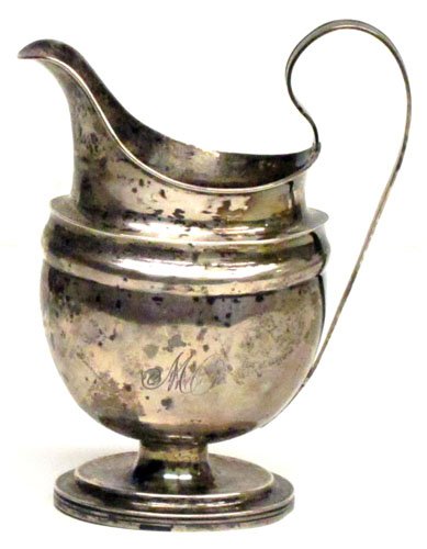COIN SILVER CREAMER: Stamped E. Bond; monogrammed "M. O."; dings and dents; 6.3 TO; H-6 1/2", F-G