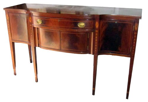 BIGGS HEPPLEWHITE SIDEBOARD: Mahogany; swell front; bellflower, oval and line inlay; top has scratches; front edge dented; H-39", L-66",