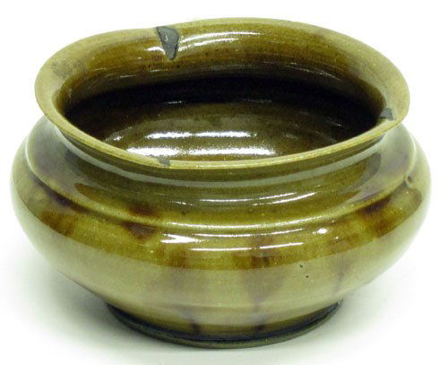 GEORGE OHR CERAMIC BOWL: Army green with brown mottling; stamped "Geo. E. Ohr Biloxi Miss"; (3) firing marks in rim; minor roughness on base; Dia.-5", H-2 3/4", VG