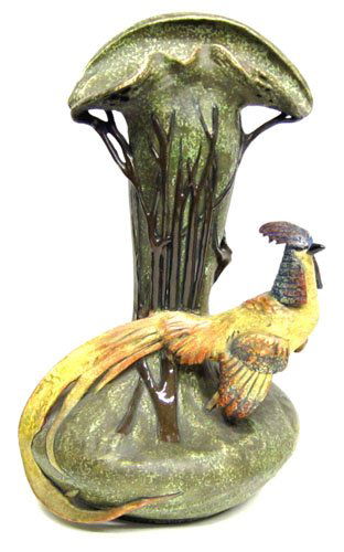 AMPHORA FIGURAL VASE: Painted ceramic; stamped on bottom; oriental pheasant; possible repair on tail; H-16", G