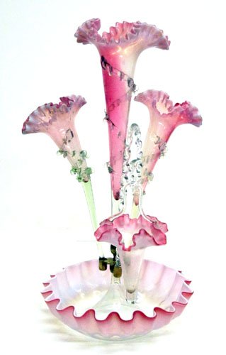 VICTORIAN EPERGNE: Cranberry and opalescent glass; ruffled edges; applied floral wrap-around; H-19", VG