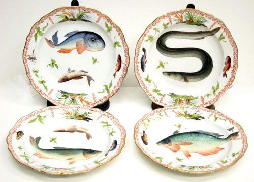 MEISSEN FISH PLATES OR SHALLOW BOWLS (4): Hand painted with central fish, insects, etc; crossed sword mark; base stamp 138; gold edging worn; Dia.-8", VG