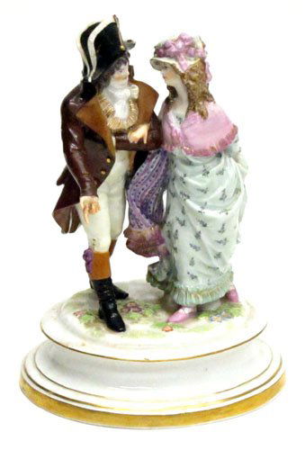 MEISSEN FIGURAL GROUP: Handpainted porcelain; crossed sword mark; courting couple; stamped in base 76; incised in base K162; small repaired chip bruise in gilt base; H-8", VG