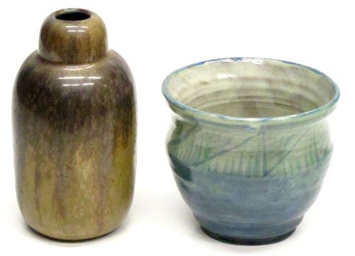 FULPER & BLUE HILL POTTERY: (1) Blue Hill pot, inscribed L.L.P; (1) Fulper vase with stamped bottom and Vasecraft paper label; H-3 1/2" - 5 1/2", G-VG