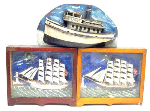 FOLK SHIP DIORAMAS and HALF HULL: Carved and painted wood; folky appeal; (2) Dioramas with painted background and rippled waves, (1) broken glass, both have no working lights, minor damage; (1) half hull type work boat; L-12" -13", F-