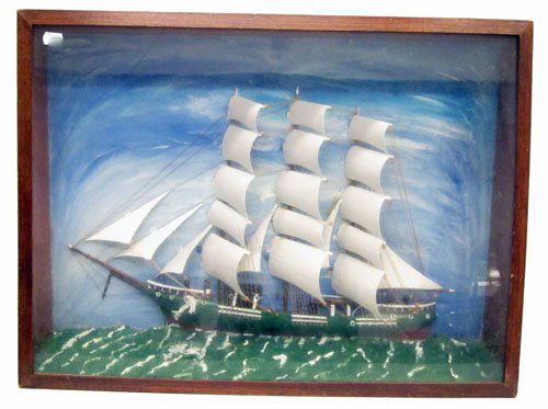 FOLK ART SHIP DIORAMA: 3-masted, carved and painted wood; painted background and rippled; painted waves; angled case; case: 20" x 26", G