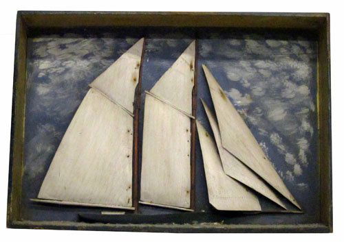 SHIP DIORAMA: Carved and painted wood; painted background and ripple waves; no glass; some wear; 14" x 20", G-VG