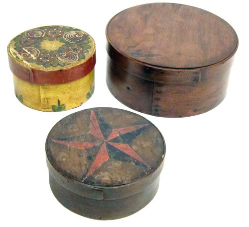 (3) WOOD BOXES: (2) Paint decorated; Dia.-5"-8", G-VG