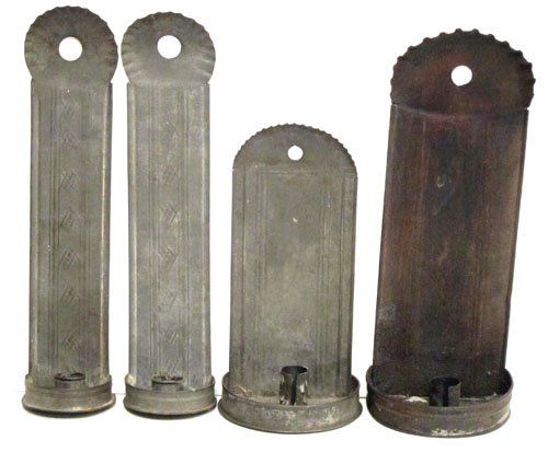 (4) TIN CANDLE SCONCES: (1) Pair, (2) odd; H-9 1/2" - 13", G-VG