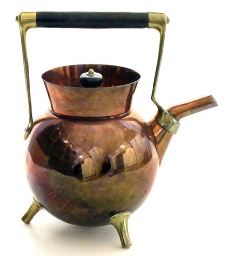 CHRISTOPHE DRESSER TEAPOT: Copper with brass fittings and wood handle; some dings; H-9 1/2", G-VG