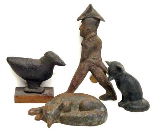 (4) CAST IRON FIGURES: (2) foxes, (1) bird shooting gallery target, (1) soldier; all pitted; tallest 8 1/2", F-G