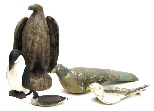 (5) FOLK ART BIRDS: Carved and painted wood; (1) Passenger Pigeon: paint flaking and loss, L-14", (1) eagle: traces of paint, H-12", (1) group of small birds: penguin, goose, seagull; penguin not old; P-F