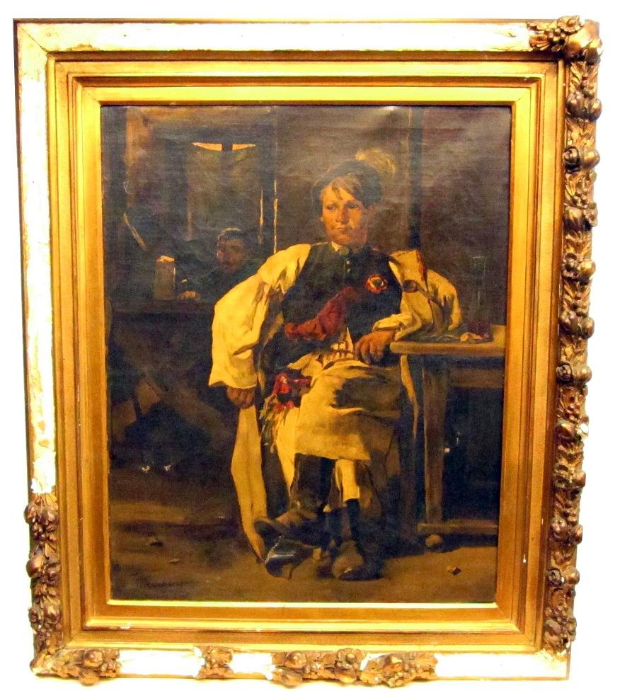 TAVERN PAINTING: Oil on canvas; School of Munkasci; man seated at table; gilt frame damaged and poor condition; lower tear by foot; several punctures; needs cleaning; 31" x 25", G