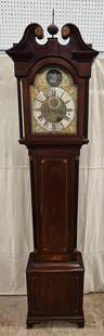 CHANDLEE TALL CASE CLOCK: Mahogany, broken arch pediment, engraved face with inlaid scroll motif; Father Time bell ringer; "As the hours pass so passeth the life of man", inlaid case, reeded quarter columns; short ogee bracket