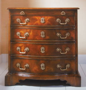 ALTHORP BUTLER'S CHESTS - PAIR: Mahogany, George III style; pair serpentine small butler's shcests; pull-out slide over four drawers, bracket feet; normal wear; H-30", L-32", Depth 21", VG-EX