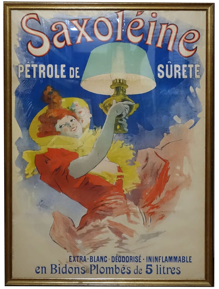 SAXOLEINE POSTER - VINTAGE: Paper litho; "Cheret", French seal; a few closed crease tears; slight toning; framed 47" x 32", G-VG