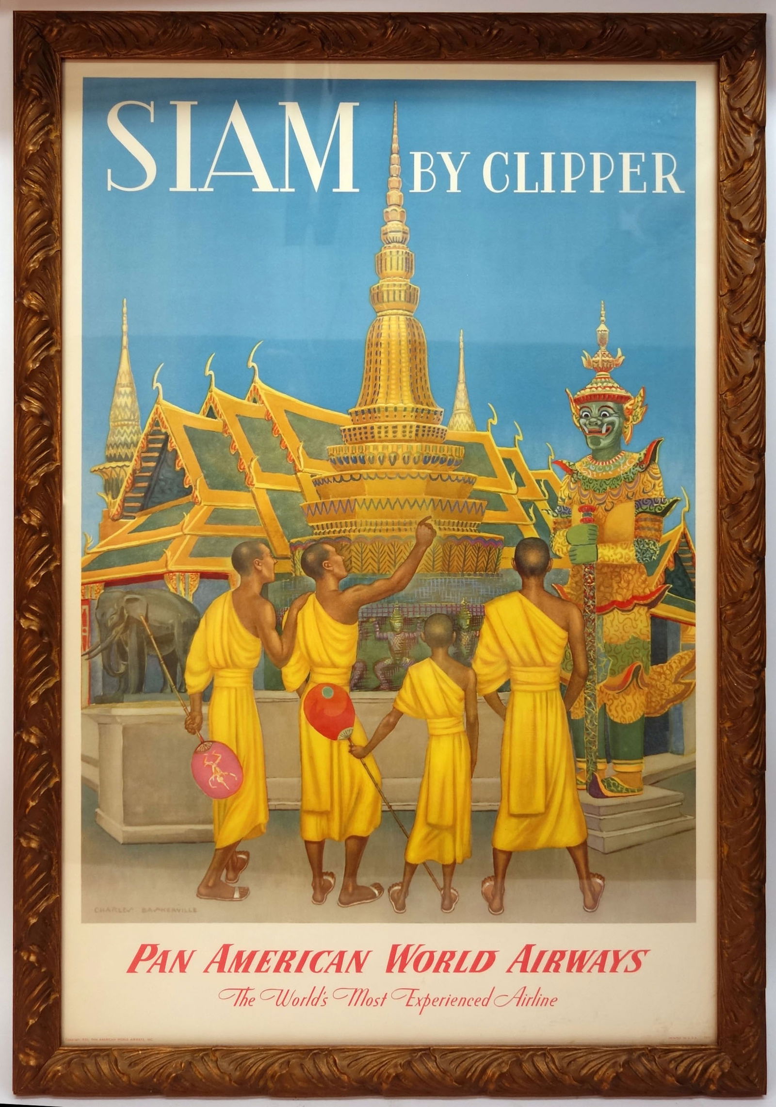 SIAM TRAVEL POSTER - VINTAGE: Paper litho; "Pan American", Charles Baskerville; framed 42" x 28", VG-EX