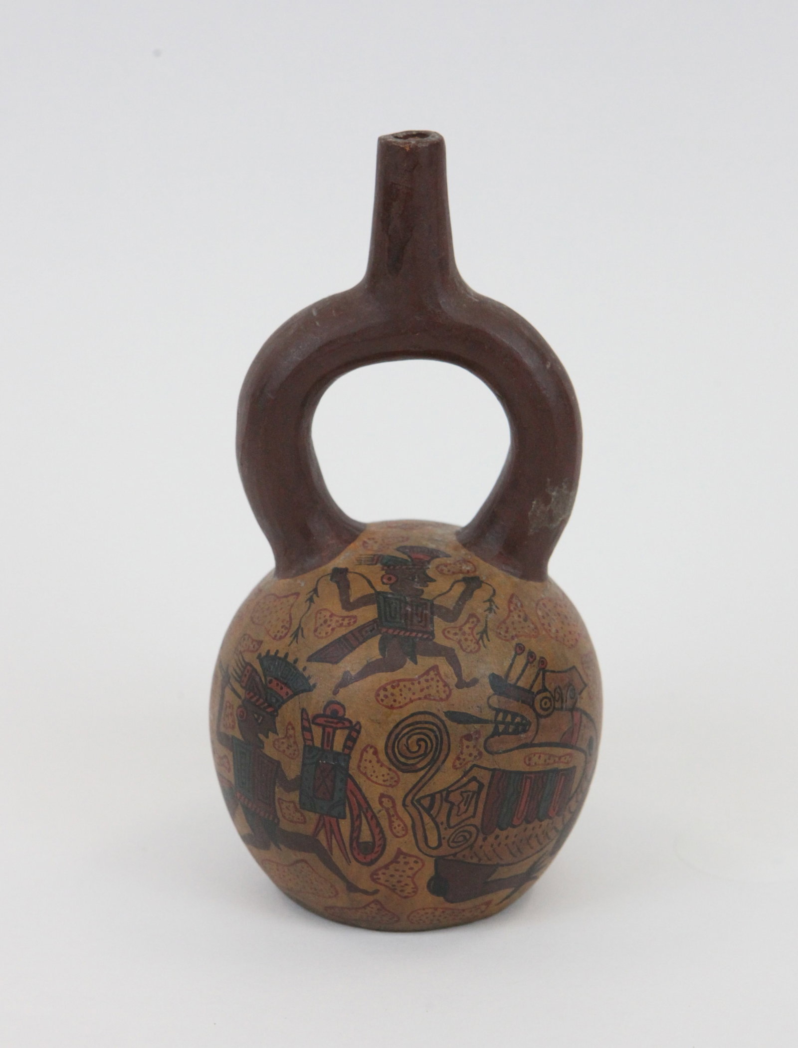 MOCHE TYPE STIRRUP CUP: Painted clay, unaware of age or history, normal wear; H-7 1/2", G-VG