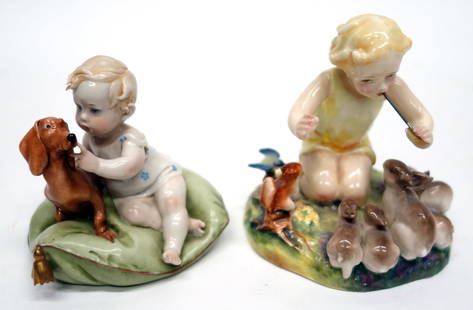 ROYAL WORCESTER FIGURINES (4): Painted porcelain; (1) "The Parakeet" #3087, H-7"; (1) "The Little Boy Blue" #3306, H-3 1/4"; (1) "Woodland Dance", #3076, H-4"; (1) unmarked dachshund, H-3 1/4", VG-EX