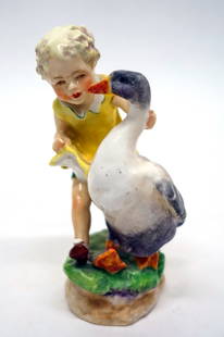 ROYAL WORCESTER FIGURINES (4): Painted porcelain; (1) "Spring", #3012, painted Doughty, H-9"; (1) "Playmates" #3270, painted Doughty, H-7"; (1) "December", #3458, H-6 1/2"; (1) "Goosie Goosie Gander", #3304, H-6", VG-EX