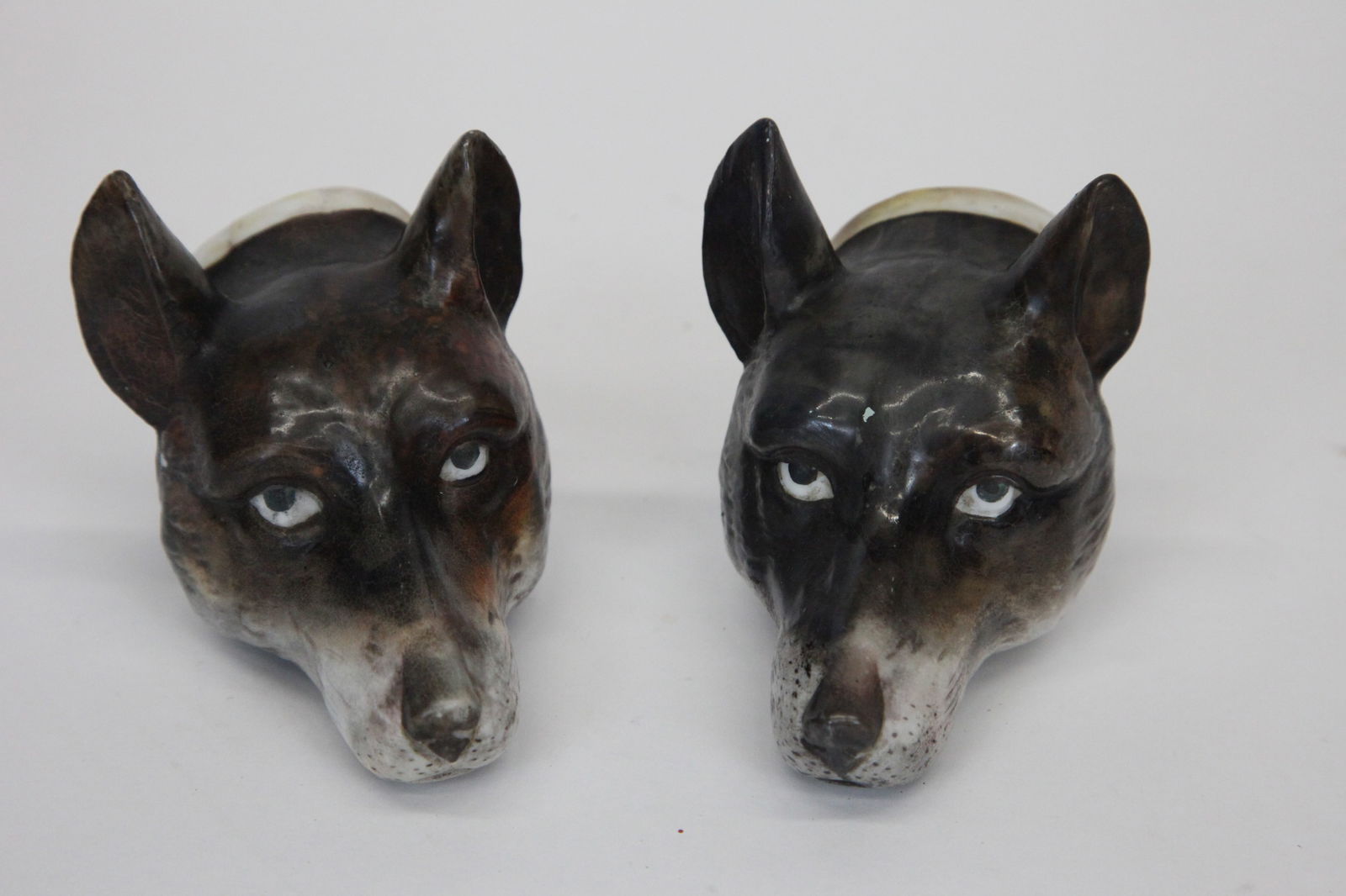 FIGURAL STIRRUP CUPS: Fox heads, unmarked, normal wear, H-4 1/2", G-VG