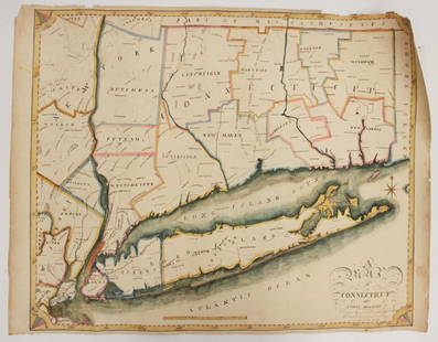 EARLY CONNECTICUT MAP: Hand drawn and colored; "Connecticut and Parts Adjacent", "drawn by Miss. Elizabeth L. Tredwell" "Christ Church Academy 1820", several edge tears; 23" x 30", F-G