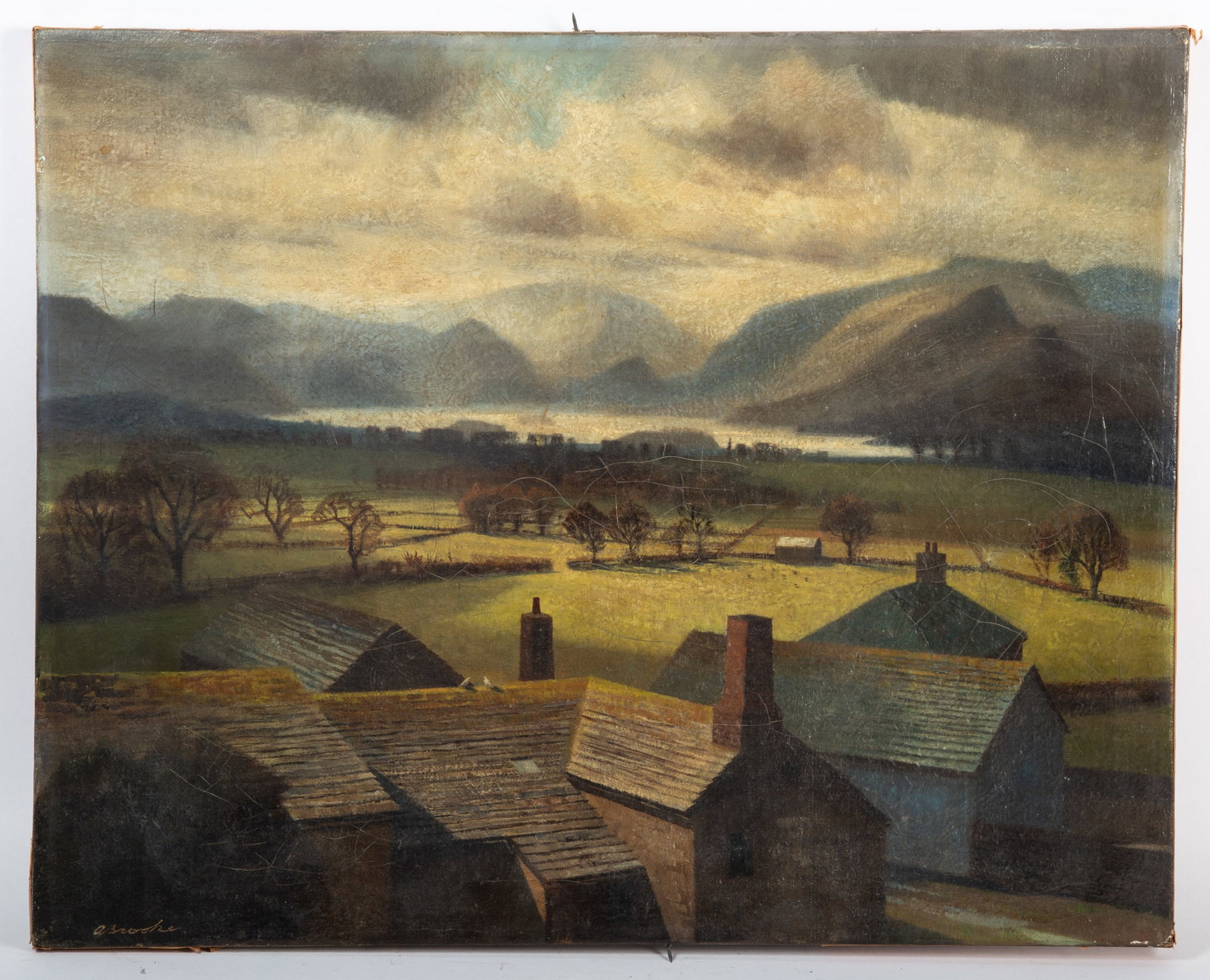 A. BROOKE LANDSCAPE PAINTING: Oil on canvas, signed lower left, Haarogate England on stretcher; no frame; normal wear; some crazing; small patch repair on reverse; 16" x 20", F-G